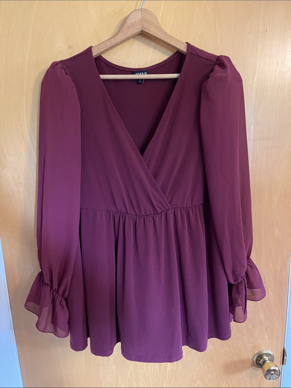 Torrid Wine Red Surplice baby doll long sheer sleeve top with ruffle 2x